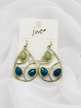 Blue & Sage Green Teardrop Statement Earrings Gold Tone Open Filigree Dangle